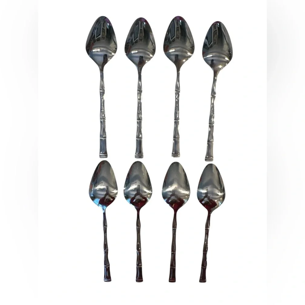 8 Piece VTG Mid Century KOREA Bamboo Stainless Steel Flatware Tablespoons 7.5
